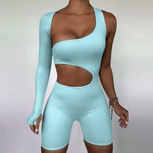 Athleisure Casual Active Wear Playsuit Women Rompers Sexy Hollow Out Bodycon Jumpsuit Shorts One Sleeve Bodysuits Ropa De Mujer