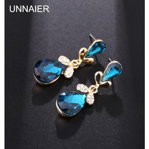UNNAIER fashion popular blue Semi-precious stones Teardrop-shaped earring Female Rhinestone Ear jewelry