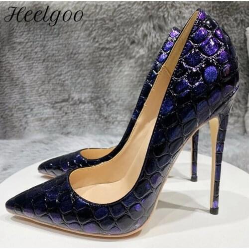Heelgoo Dark Blue Crocodile Effect Women Sexy Stiletto Pumps Fashion Ladies Designer High Heels Gorgeous Party Dress Shoes