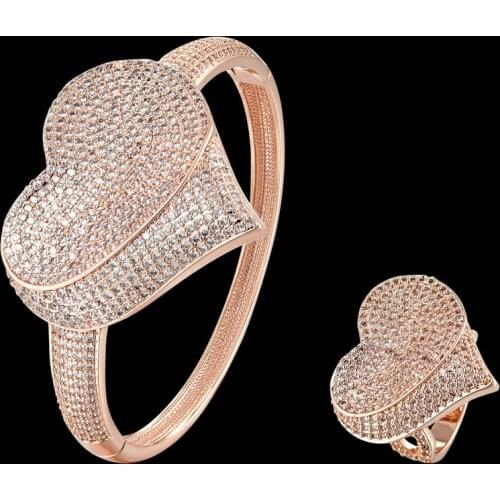 Zlxgirl jewelry Fashion women size love heart Gold bangle and ring jewelry sets metal AAA zirconia bracelet bangle sets gifts