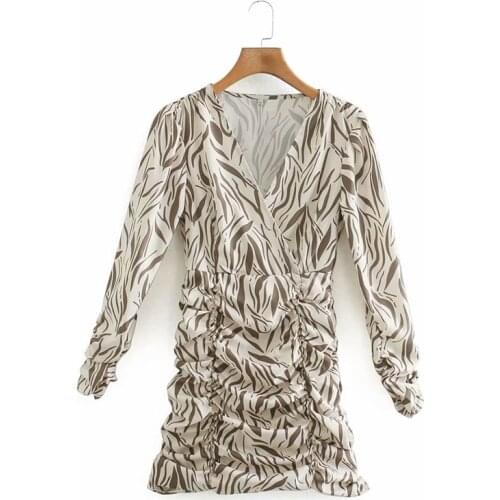 Women Dress Za 2021 Fashion Digital Printing Deep V Drape Long Sleeve Sexy Mini Dress Mujer Vestido Feminino