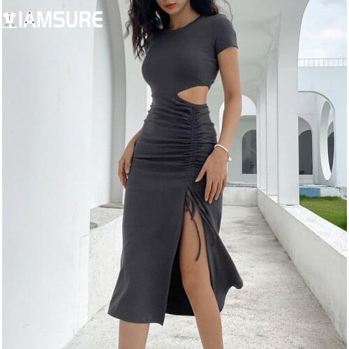 IAMSURE Hollow Out Split Summer Dress Sexy Slim Solid Drawstring Short Sleeve Midi Dresses For Women 2021 Elegant Ladies Party