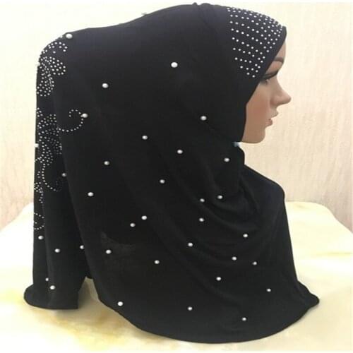 2020 Fashion Muslim Women Pearls Instand Hijab Ready to Wear Diamonds Headwraps Cap Islamic Female Ramadan Headscarf Prayer Hat