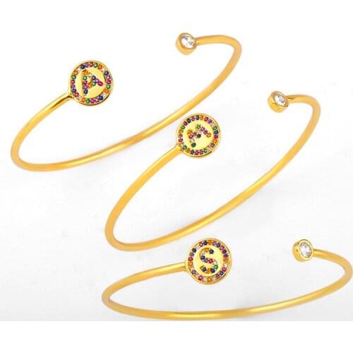 2021 Hot New Fashion Adjustable Colorful Rainbow CZ A-Z initials Cuff Opening Bracelet Women Jewelry For Girls Women Gift