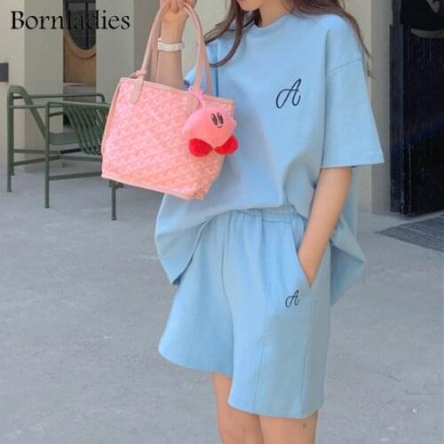 Bornladies Letter Embroidery Casual COTTON Tracksuit Women T-shirt +shorts 2 Pieces Set Female Chic Loose T-shirt + Shorts Suits