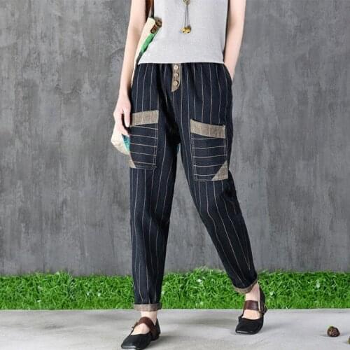 Denim Harem Pants Big Pocket Loose Jeans Spring Autumn Arts Style Vertical Stripe Women Vintage Jeans Elastic Waist Cotton