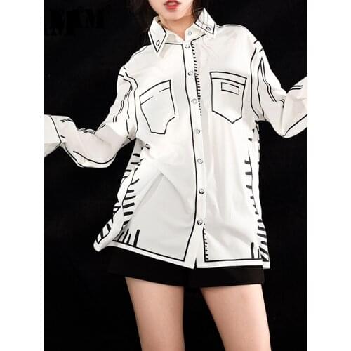 [EAM] Women Pattern Printed White Big Size Blouse New Lapel Long Sleeve Loose Fit Shirt Fashion Spring Autumn 2021 1DD007400