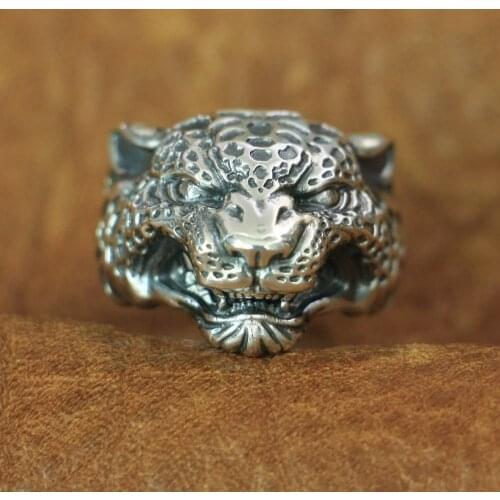 LINSION Leopard Panther Ring 925 Sterling Silver Details Mens Biker Ring TA151