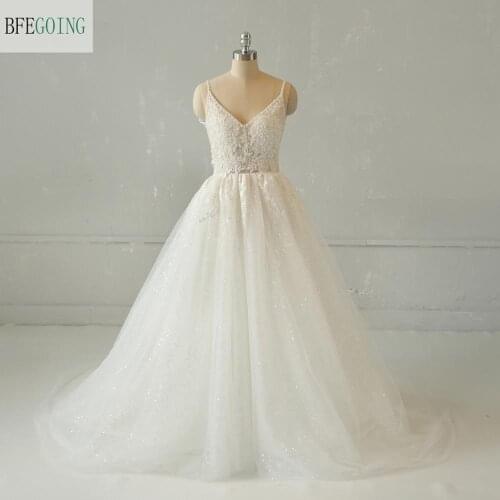 Ivory Lace Beading Spaghetti Straps V-Neck Floor-Length A-line Wedding dress Chapel Train Custom made