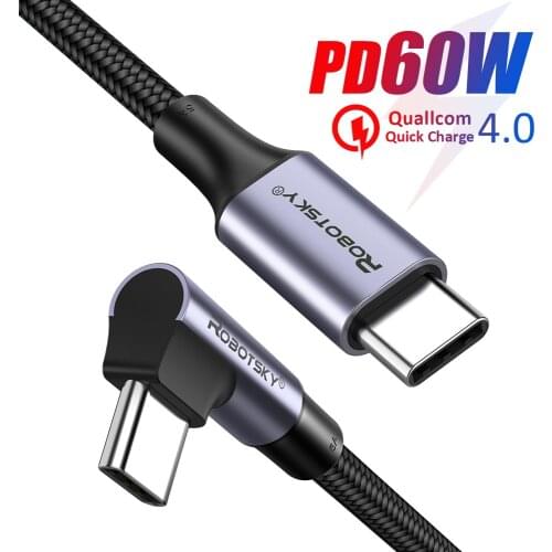 Elbow USB Type C Cable For Samsung Xiaomi Redmi Note 8 9 MacBook 60W PD USB C Data Cable 3A Fast Charging Cable Type-C Cable