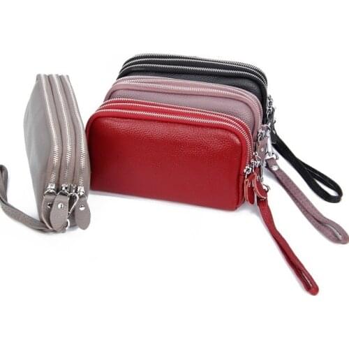 Fashion Three-layer Womens Clutch Bag Long Wallet Genuine Leather Phone Money Bag Female Coin Purse