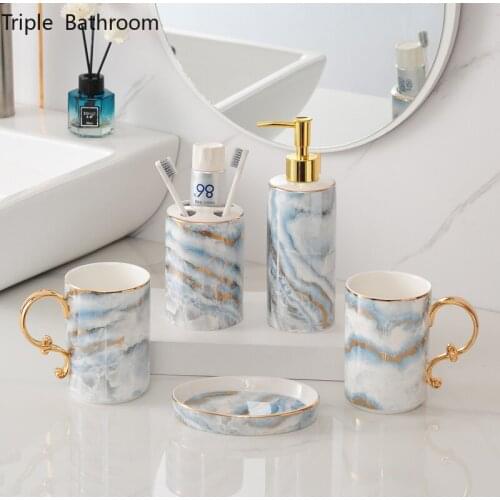 Light Luxury Five Piece Set Ceramics Home Liquid Soap Dispenser Toothbrush Holder Tooth Mug Soap Dish Bathroom Toiletry Set