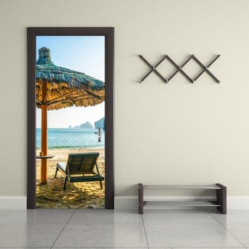 European Style Door Decor Stickers For Study Room Bedroom 3D Sea Beach Chair Umbrella Mural Vinyl Poster Adhesive Wallpaper