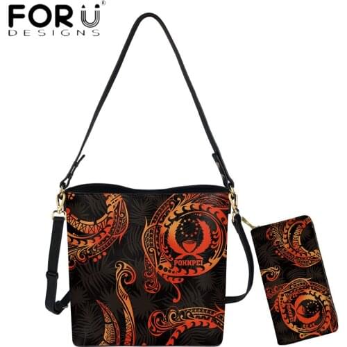 FORUDESIGNS New Trend Bucket Bags Women Pohnpei Polynesian Spiral Leaves Pattern Print Casual Pu Leather Shoulder Messenger Sac