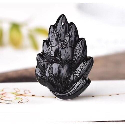 Scrub Black Natural Obsidian Stone Pendant Nine Tails Fox Pendant Lucky For Women Men Fashion Necklace Jewelry JoursNeige