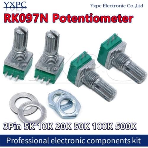 50pcs RK097 potentiometer RK097N 5K 10K 20K 50K 100K 500K B5K with switch audio 3pin shaft 15mm amplifier sealing potentiometer