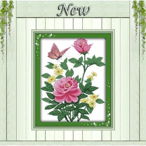 Pink rose and butterfly flower painting counted print on canvas DMC 11CT 14CT Chinese Cross Stitch kits needlework Set embroider