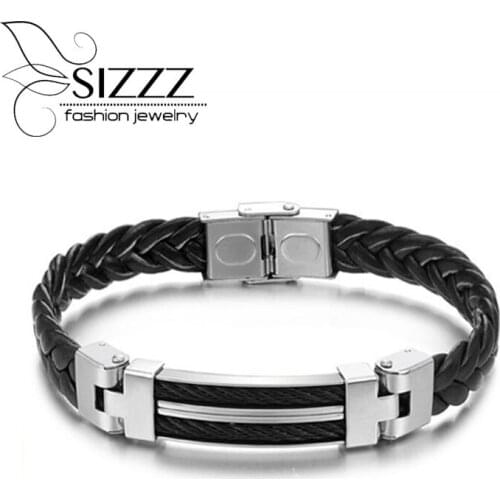 SIZZZ 23cm Long 11mm Wide jewelry charm personality between the black stainless steel leather bracelet for men