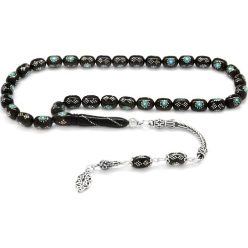 Tesbihane 925 Sterling Silver Tassels Silver-Turquoise Embroidered Cut Cylinder Erzurum Oltu stone Rosary