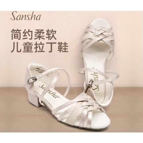 Sansha Girls Satin Latin Shoes Non-slip Suede Sole Low Heels White Ballroom Dance Shoes For Practice Performance BK130090S