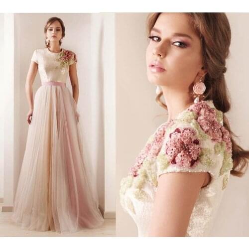 Vintage Flower Long Evening party prom Gowns Cap Sleeved With Short Sleeves 2018 vestido de noiva mother of the bride dresses