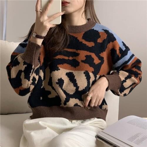 Vintage Leopard Patchwork Femme Chandails Brown Sweater O-Neck Pullover Loose Korean Jumpers Pull Femme Hiver Harajuku Sweater