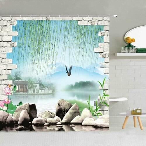 Moroccan Retro Style Shower Curtain Old-fashioned Stone Wall Wood Door Green Plants Sea Scenery Bathroom Decor Hooks Curtains