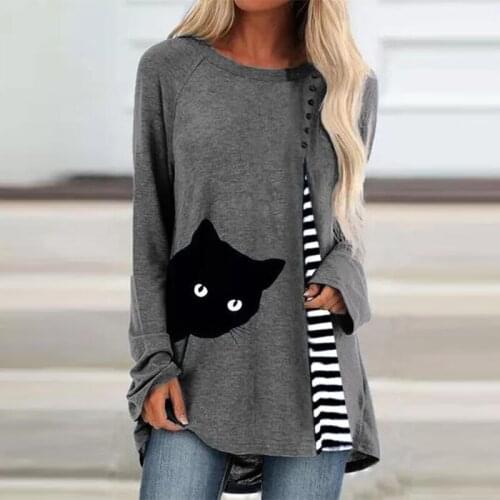 Women Tops O Neck Cat Striped Patchwork T Shirt Long Sleeve Casual Loose Streetwear Pullover Spring Autumn 2021