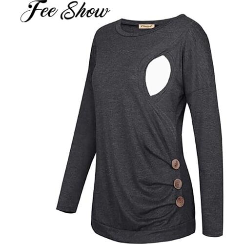 Womens Pregnant Spring Autumn Cotton Side Ruching Nursing Tops for Breastfeeding Tee Shirts Soft Button Side Maternity T-Shirts