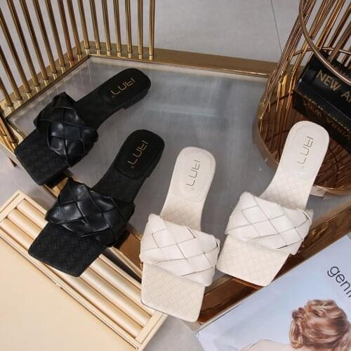 Flat Heel Slippers Womens Woven A- line with Square Head Large Size 41-43 Fat Wide New Summer Womens Slippers