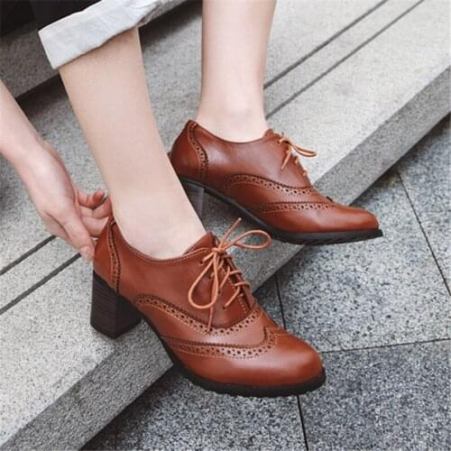 Oxford Pumps Shoes Women Retro Lace-Up High Heels Woman Round Toe Large Size Brogues shoes Female Brown Daily Dress Pumps
