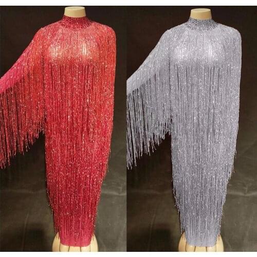 Jazz Dance Costumes For Lady Women Bar Dj Club Dancers Perform Stage Costumes Fringe Tassels Long Elastic Dress DJ1033