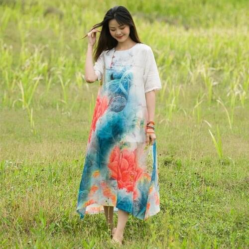 Women Loose Retro Lotus Print Dress Ladies Vintage Printed Ramie Dresses Female 2020 Summer Ramie Dress