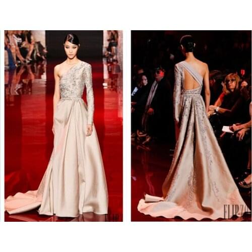 One shoulder long sleeve evening Dress 2016 new sexy backless crystal beading formal dresses robe de soiree champagne satin