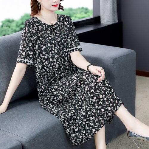 Vintage 4XL Plus Size Loose Runway Dress 2021 Summer Black Printed Mulberry Silk Midi Dress Elegant Women Bodycon Party Vestidos