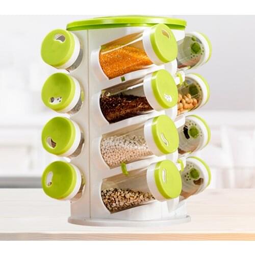 16 pcs Jars + 1pc Seasoning Cans Pepper Salt Cruet Plastic Bottle Rack Spice Jar Pepper Shaker Box Kitchen Spice Rack Set Holder