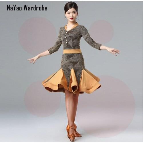 2020 New 7007 Patchwork and Lotus Design Long Sleeve Latin Dance Dress Women Dancing Performance Dress for Ballroom Samba Tango