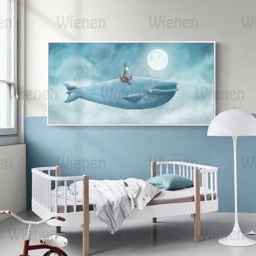 Abstract Whale in Blue Sky Nursery Decor Canvas Paintings Wall Art Big Posters and Prints Pictures Kids Room Home Decor Unframed