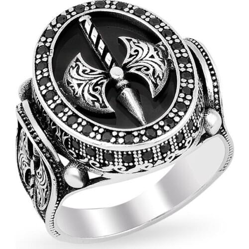 Axe Pattern Agate Stone Silver ring 2