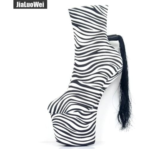 Jialuowei Brand Designer Sexy Fetish Zebra Print 20CM Extreme High Heel Platform Women Fashion Charming Ankle Boots Size 36-46
