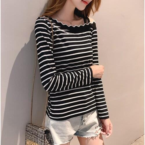 T-shirt Women Autumn Casual Women Shirts One Word Collar Embroidery Letter Print Striped Long Sleeve T-shirt
