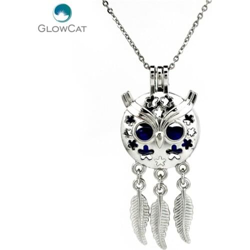 K718 Silver owl Pearl Cage chain Aroma Essential Oil Diffuser Locket