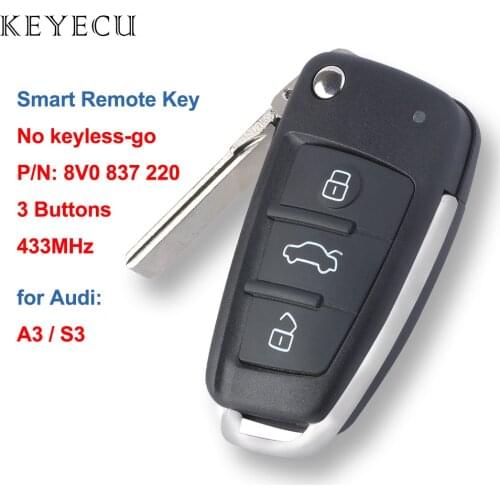 Keyecu 8V0 837 220 434MHz No Keyless go Remote Car Key Fob 3 Buttons 434MHz for Audi A3 S3 2012 2013 2014 2015 P/N: 8V0837220