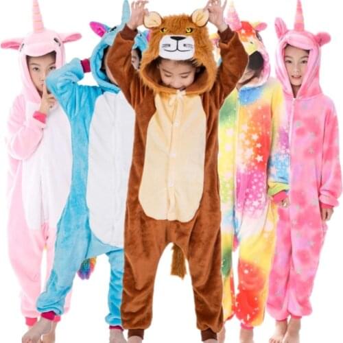 Kids Animal Stitch Pajamas Unicorn Oneise For Childrens Jumpsuit Flannel Hooded Sleepwear Boys Costume Girls Panda Lion Overall