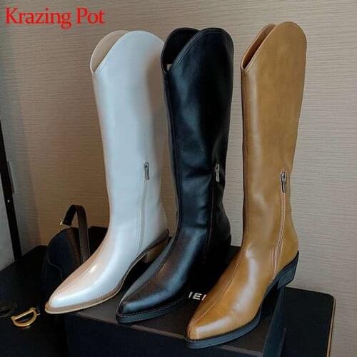 Krazing Pot 2021 new microfiber leather keep warm winter riding boots thick med heels French romance zipper thigh high boots L28