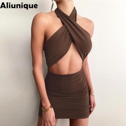 Aliunique New Sexy Halter Dress for Women 2021 Summer Fashion Design Hollow Sexy Slim Hips Leisure Vacation Backless Dress INS