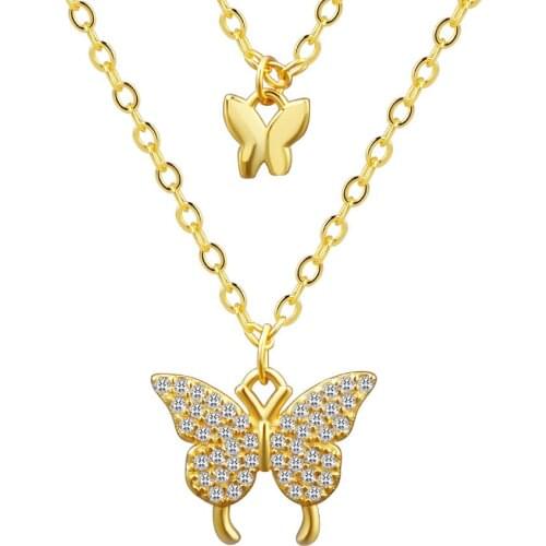 VENTFILLE925 Sterling Silver Womens Fashion New Jewelry High Quality Double Layers Butterfly GoldSimple Pendant Necklace