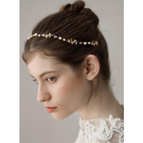 Vintage Gold Shiny Crystal Pearl Rhinestones Leaves Head chain Headband Handmade Wedding Bridal Hair Accessories party for women
