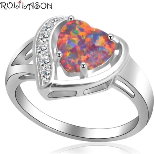 ROLILASON Party gift Heart desgin ring for women orange opal white crystal silver plated Rings USA size #6#7#8#9 #10 OR915