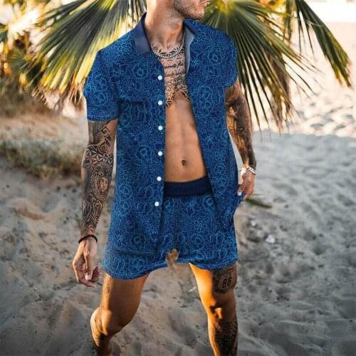 Luxury Blue Fashion Hawaiian Set Mens Printing Set Short Sleeve Summer Casual Floral Shirt Beach Two Piece Suit Men Sets M-3XL